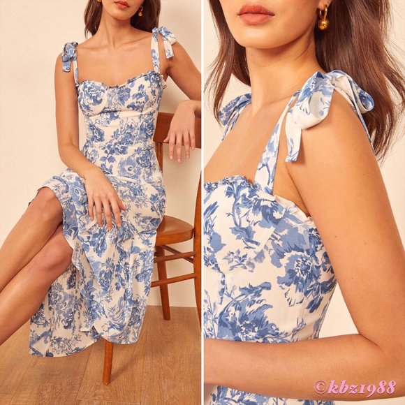 REFORMATION Nikita Olympia Blue & White Floral Toile Midi Dress Long Ruffle 4/S - Picture 2 of 16